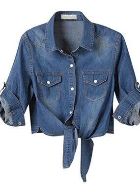 Women's Denim Shirt 3/4 Sleeve Tie Front Chambray Cardigan Button Crop Top